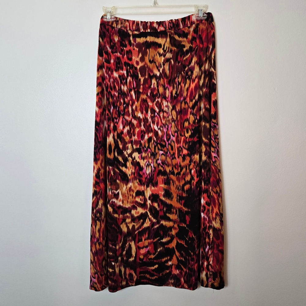 Allie & Rob Womens Large Animal Print Maxi Skirt Orange Red Purple Elastic Waist